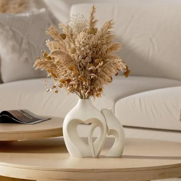 Unique Heart-Shaped Ceramic Vases for Dried Flowers – Decorative Set of 2 - Picture 6 of 8